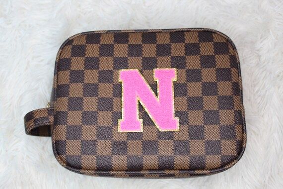 Initial Chenille Glitter Letter Patch Checkered Makeup Bag | Etsy | Etsy (US)