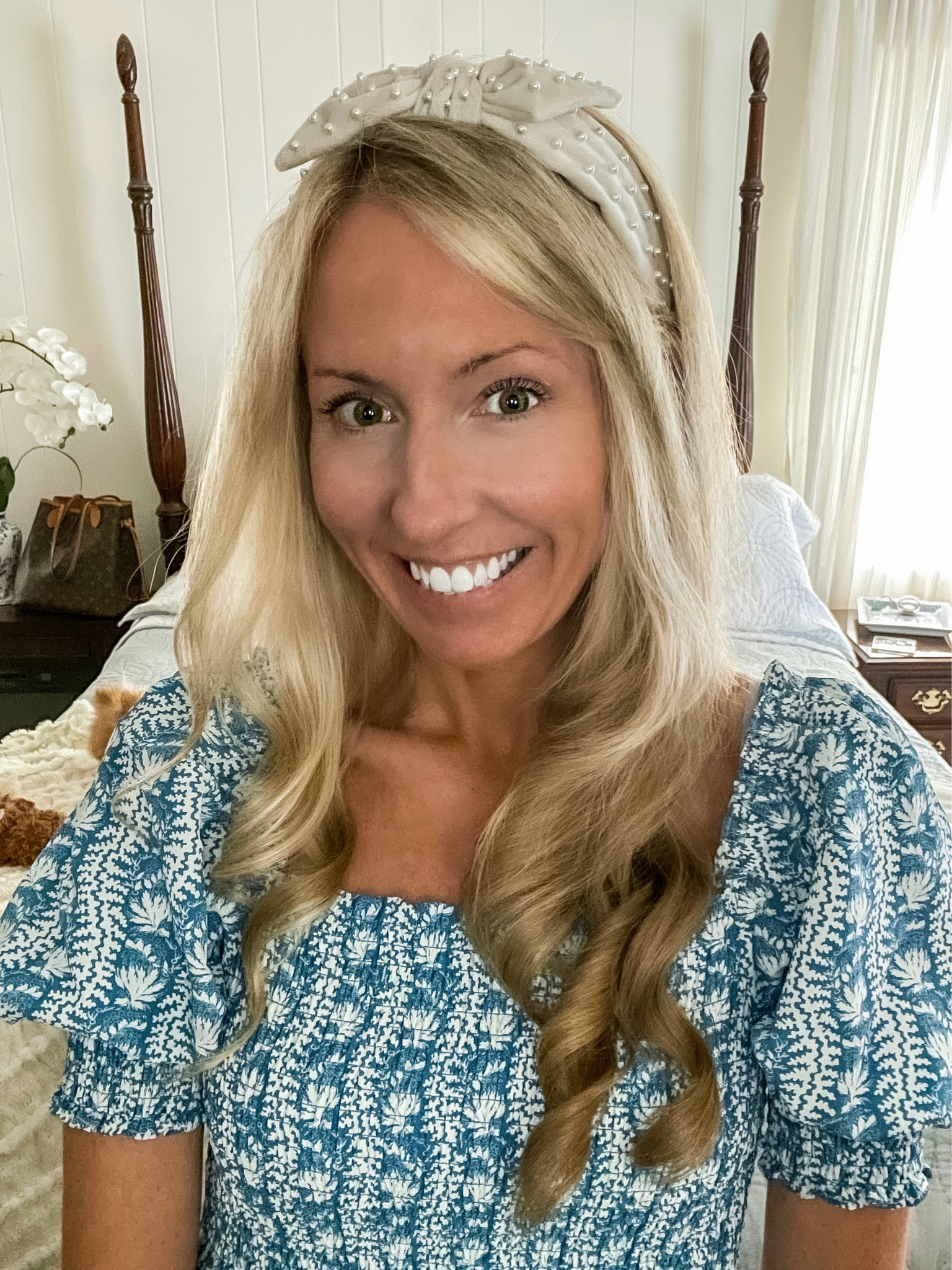 The Athena Nap Dress from Hill House paired with a petite pearl bow headband from Lele Sadoughi. Dress shown in the new Trailing Blue Vine wrinkle resistant crepe from their fall 2022 line & in size: xxs; I’m 5’4. I absolutely adore this dress and attached my favorite patterns, some cute matching accessories, & the beauty products I used. Check out my blog for more pictures of this dress in other colors: ElizabethRyanSC.org
#ltkbeauty


#LTKstyletip #LTKSeasonal #LTKU