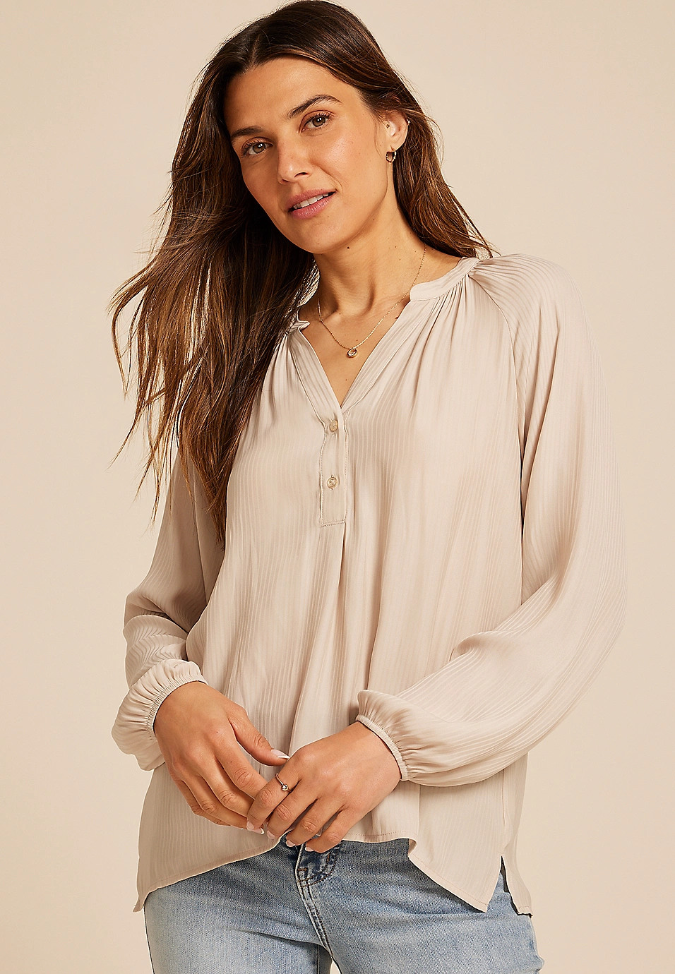 Striped Henley V Neck Blouse | Maurices