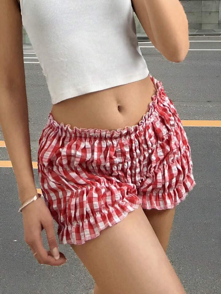 Stagecoach Edit SHEIN EZwear Short Casual À Volants Pour Femmes, Style Grille À Bulles, Pour Le Printemps/Été. Shorts Rouges, Shorts Froncés, Shorts D'été. | SHEIN