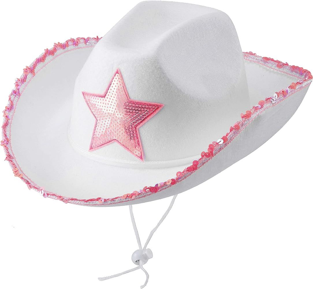 White Cowgirl Hat (Pack Of 2) Felt Princess Hat With Pink Sequin Star, Neck Draw String, for Dres... | Amazon (US)