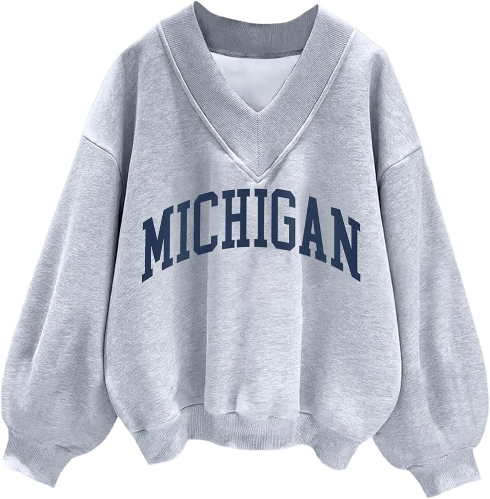 Hilinker Womens V Neck Oversized Sweatshirts Casual Drop Shoulder Long Sleeve Pullover Tops | Amazon (US)