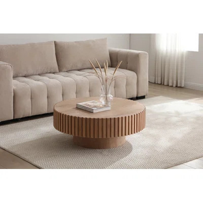 35.4" Round Coffee Table, Modern Wood Fluted Drum Coffee Table, Handcrafted Circle Design, Easy Assembly, Oak For Living Room | Wayfair North America