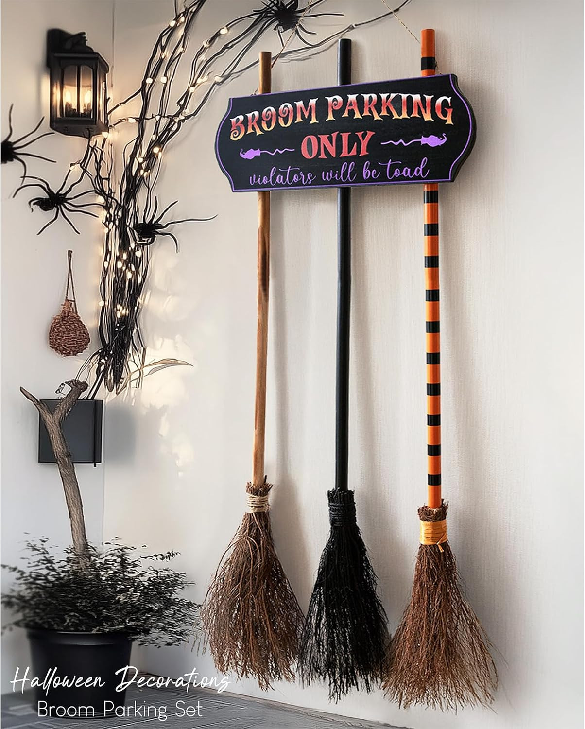 Halloween Decorations - Halloween Decor - Broom Parking Sign with 3 Wooden Witches Brooms - Hocus Pocus Cute Decoration for Front Porch Wall Home Office Indoor Outdoor | Amazon (US)