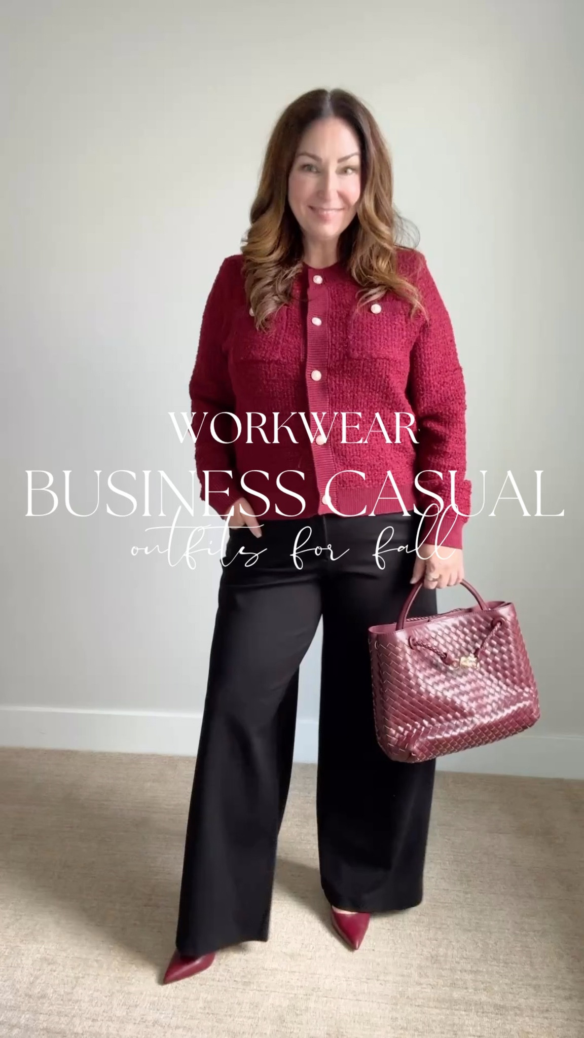 Winter Workwear Lady Cardigan Burgundy and black | Wearing Cardigan in L and Pants in XL 
#midsizeworkwear #holidayworkwear 

 

#LTKSeasonal #LTKMidsize #LTKWorkwear