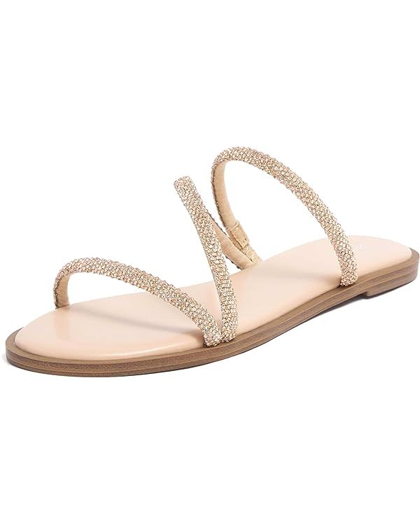 REDTOP Women's Rhinestone Flat Sandals Slip on Memory Foam Sandals Open Toe Slide Sandals | Amazon (US)