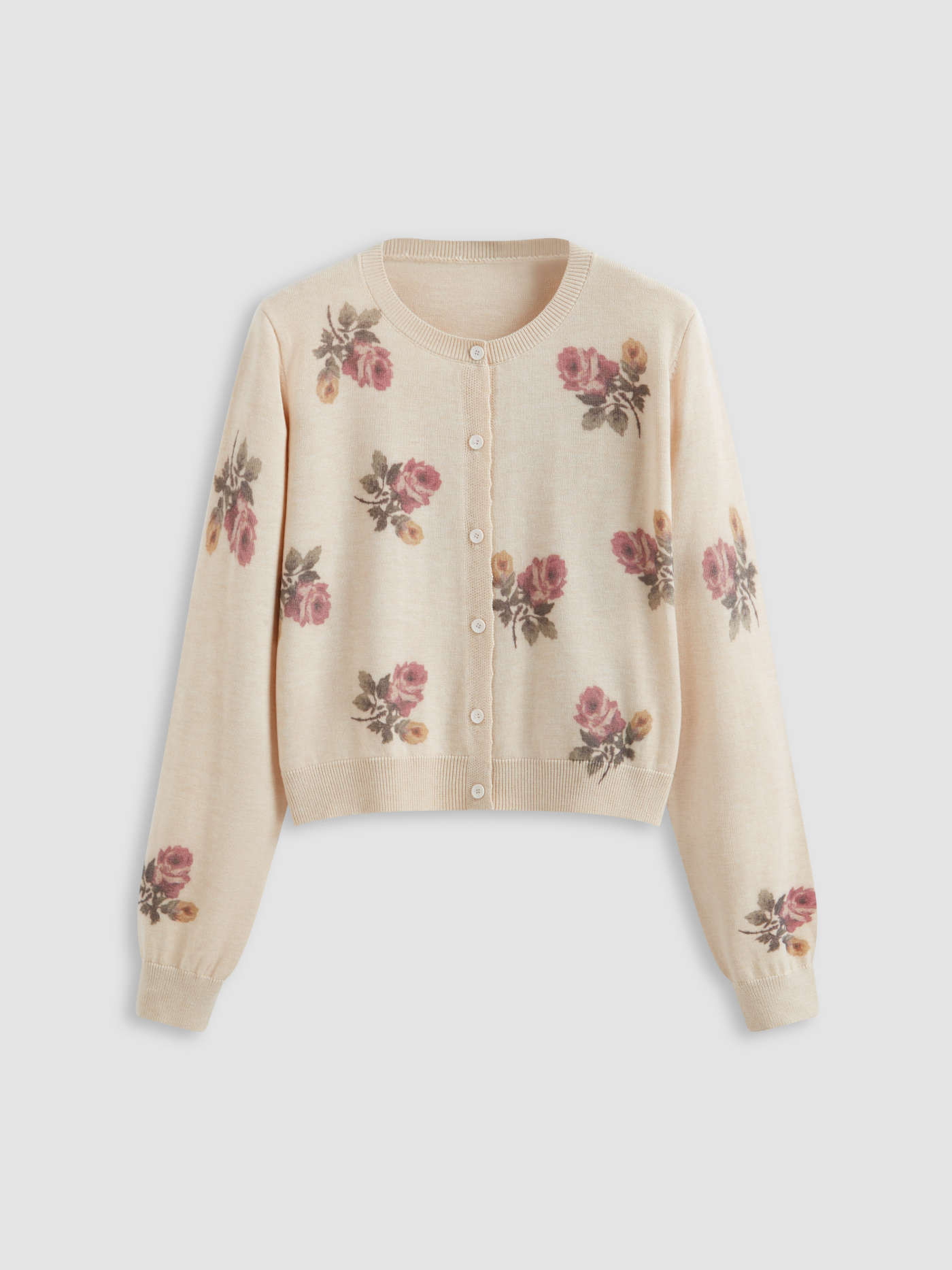 Wool-Blend Rose Pattern Round Neck Button Up Cardigan | Cider