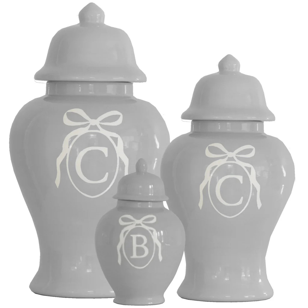 Monogrammed Bow Ginger Jars in Light Gray for Lo Home x Veronika's Blushing | Lo Home by Lauren Haskell Designs