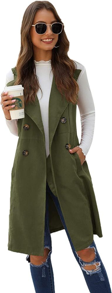 SheIn Women's Double Breasted Long Vest Jacket Casual Sleeveless Pocket Outerwear Longline | Amazon (US)