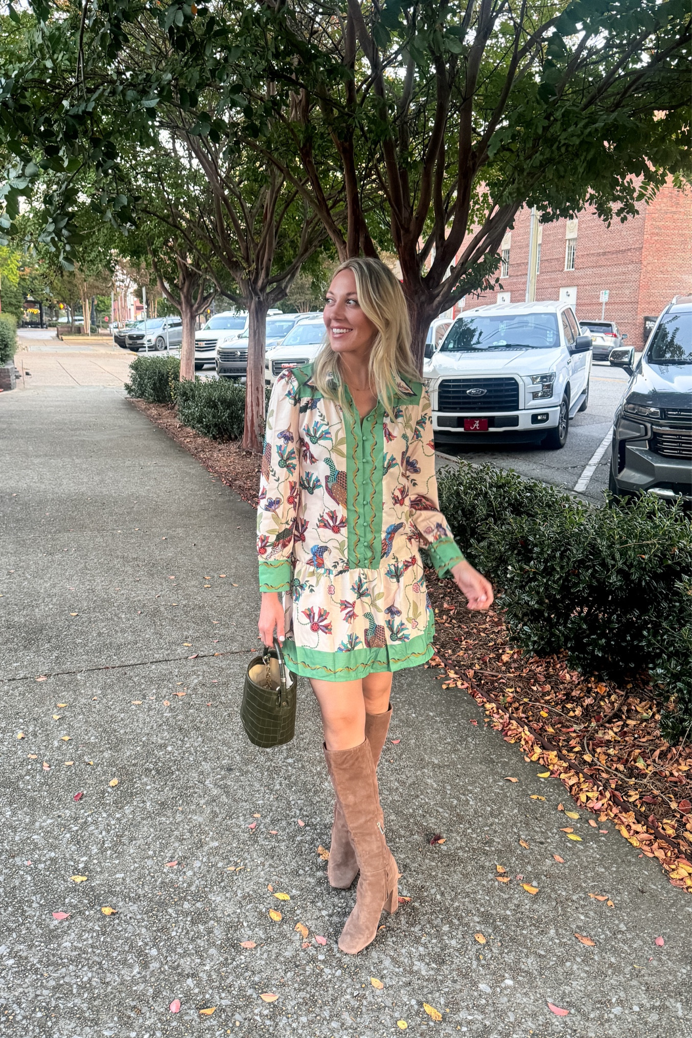Fall Outfit idea! Love this printed dress from Amazon (wearing small) and suede tall boots with leather bucket bag (mini version) all linked for you here! 

#LTKSeasonal #LTKFindsUnder100 #LTKStyleTip