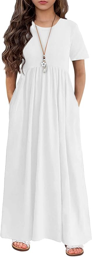 Arshiner Girls Maxi Dress Long/Short Sleeve Casual Holiday Dress with Pockets for 5-13 Years | Amazon (US)