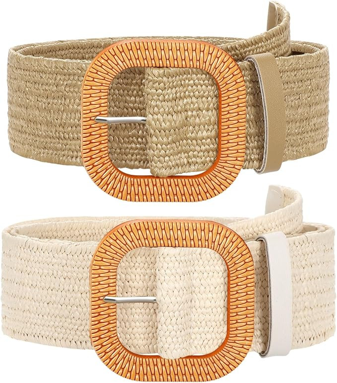 SUOSDEY 2 Pack Straw Woven Elastic Belt Braided Stretch Wide Boho Rattan Waist Belt for Women Dre... | Amazon (US)