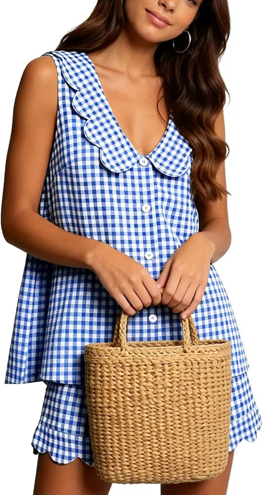 Womens Gingham Pajamas Set Plaid 2 Piece Set Scalloped Trim Button Down Shirt Sleevless Top and S... | Amazon (US)