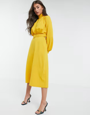 Closet London high neck belted midi dress with cuffed sleeve in mustard | ASOS (Global)