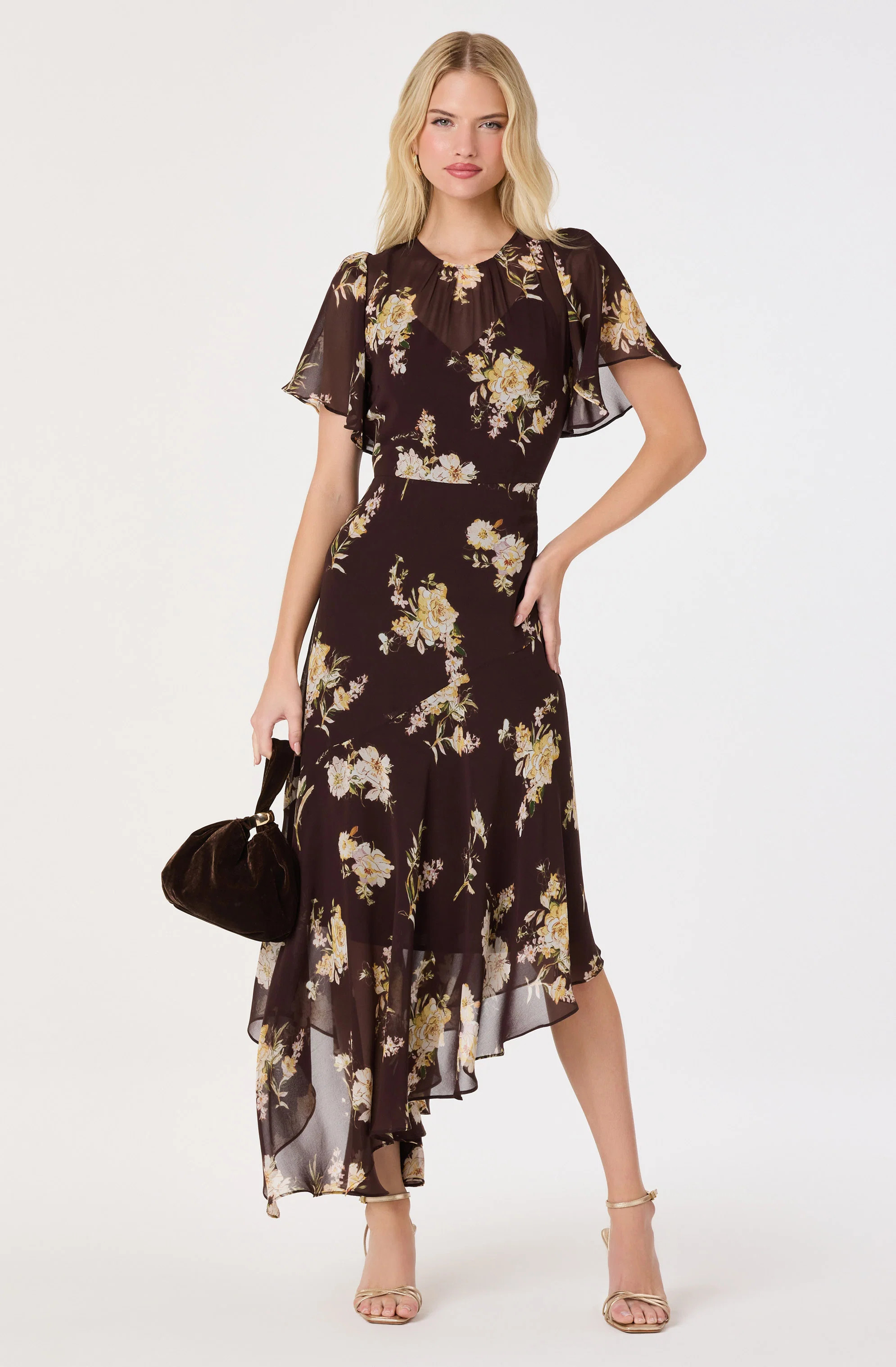 Aila Chiffon Flutter Sleeve Maxi Dress - Brown floral / XS | ASTR The Label (US)