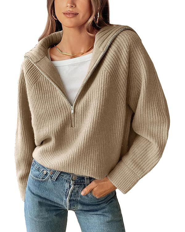 BTFBM Women’s Casual Long Sleeve Half Zip Pullover Sweaters Solid V Neck Collar Ribbed Knitted ... | Amazon (US)