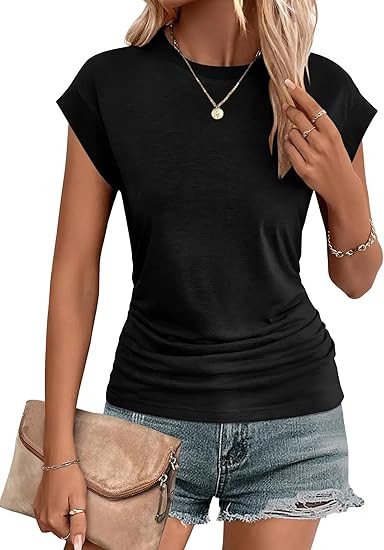 Zeagoo Womens Summer Tops Ruched Cap Short Sleeve Tshirts Shirts Crew Neck T Shirts Trendy 2025 F... | Amazon (US)