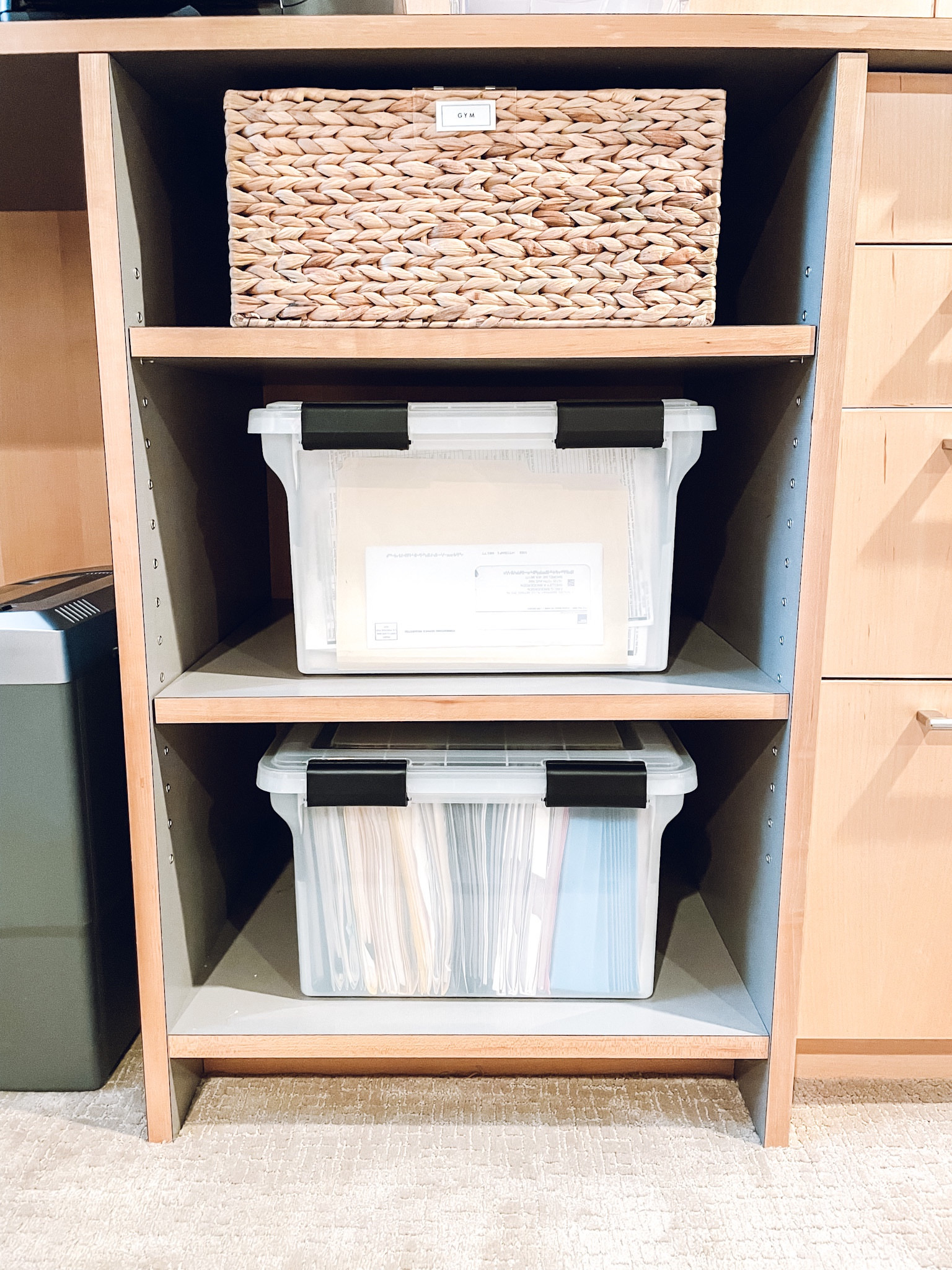 Office organization. The Container Store water hyacinth bin and weathertight file box. Home Edit by IDesign clear bin clips. Amazon finds Brother P-Touch label maker, Labelife label tape, and Bonsen shredder✨

#LTKhome #LTKfamily