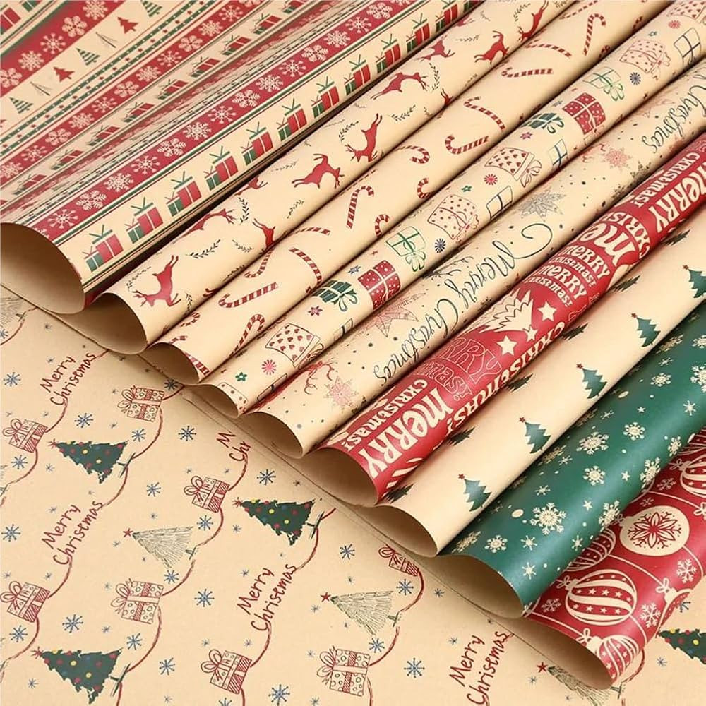 HGMOMO 6PCS Christmas Wrapping Paper, 50X70CM Retro Kraft Paper, cartoon Christmas Gift Wrap, Gif... | Amazon (US)