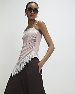 Pink Sleeveless Lace Trim Cami Top | River Island UK & IE