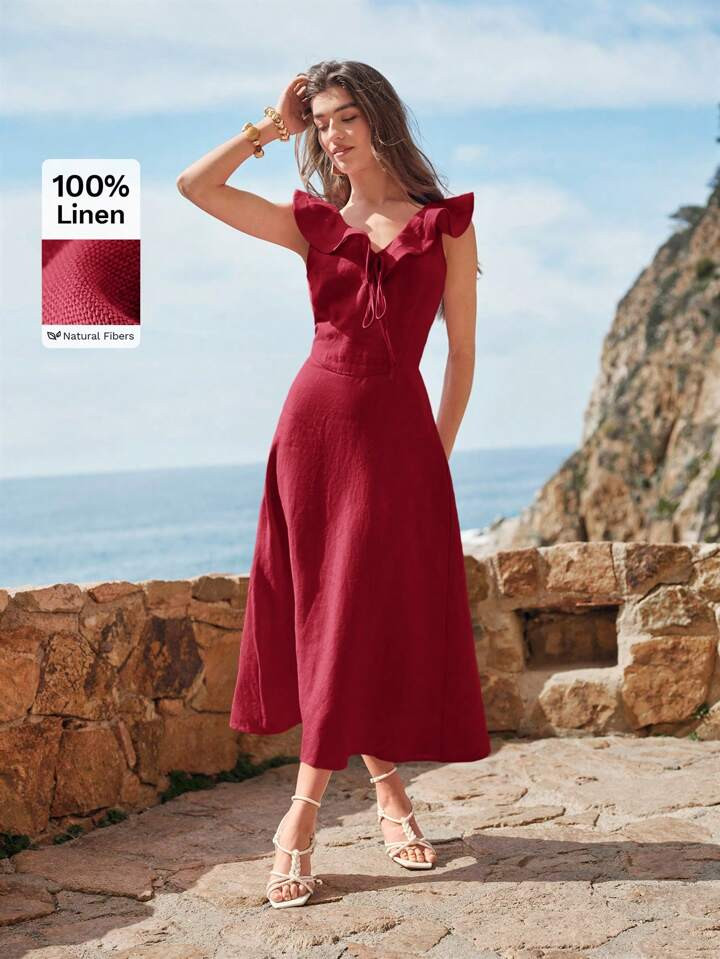 MOTF PREMIUM 100% LINEN SUMMER V-NECK RUFFLE TRIM KNOT FRONT LONG DRESS | SHEIN