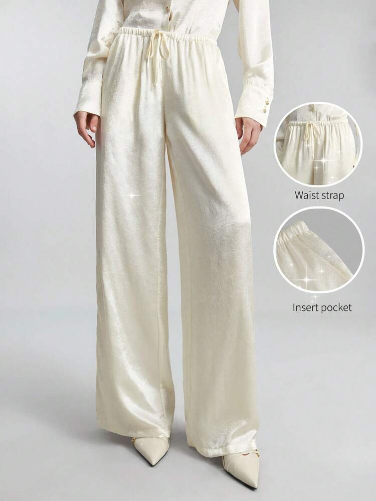 SHEIN X Scot Louie Ontre 2026 Spring/Summer New Women's Trousers, Apricot Satin Textured Side Slit Long Sleeve Shirt, Minimalist Fashionable Casual For Daily, Bohemian Style, Vacation, Holidays, Spring Wedding Season, Graduation Ceremony | SHEIN