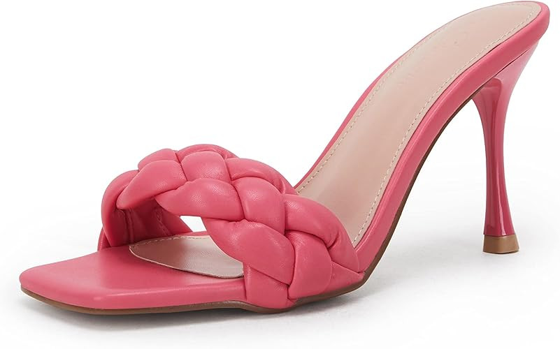 Ermonn Womens Square Open Toe Heeled Sandals Braided Stiletto Mule Faux Leather Slip On Quilted H... | Amazon (US)