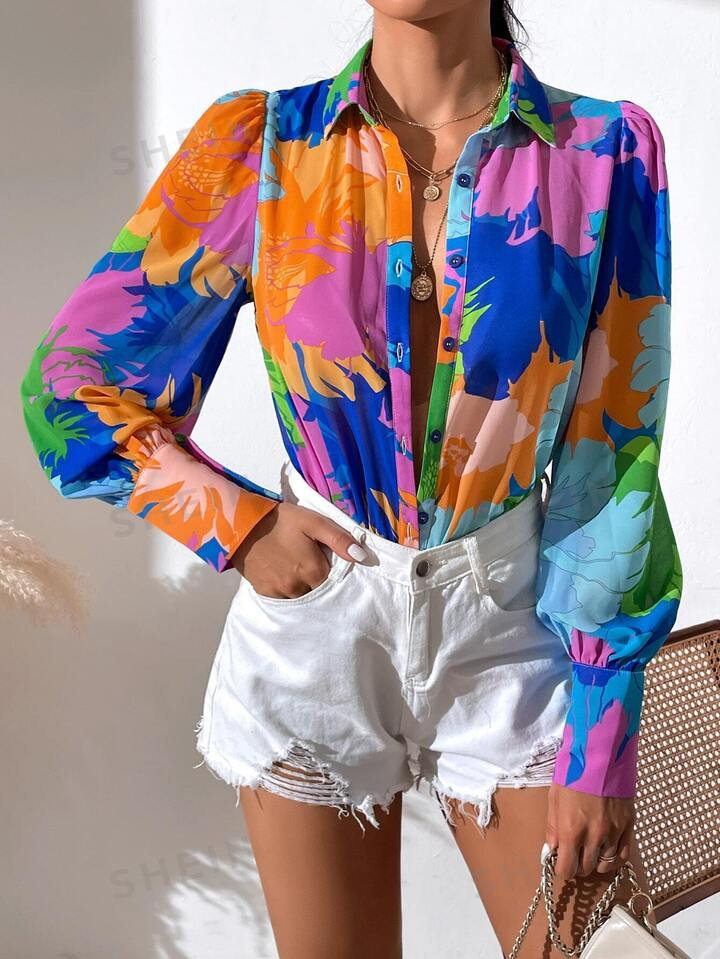 SHEIN VCAY Floral Print Button Front Shirt | SHEIN