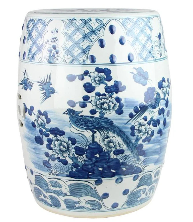 Bird and Floral Garden Seat with Raised Blue Dots | The Enchanted Home