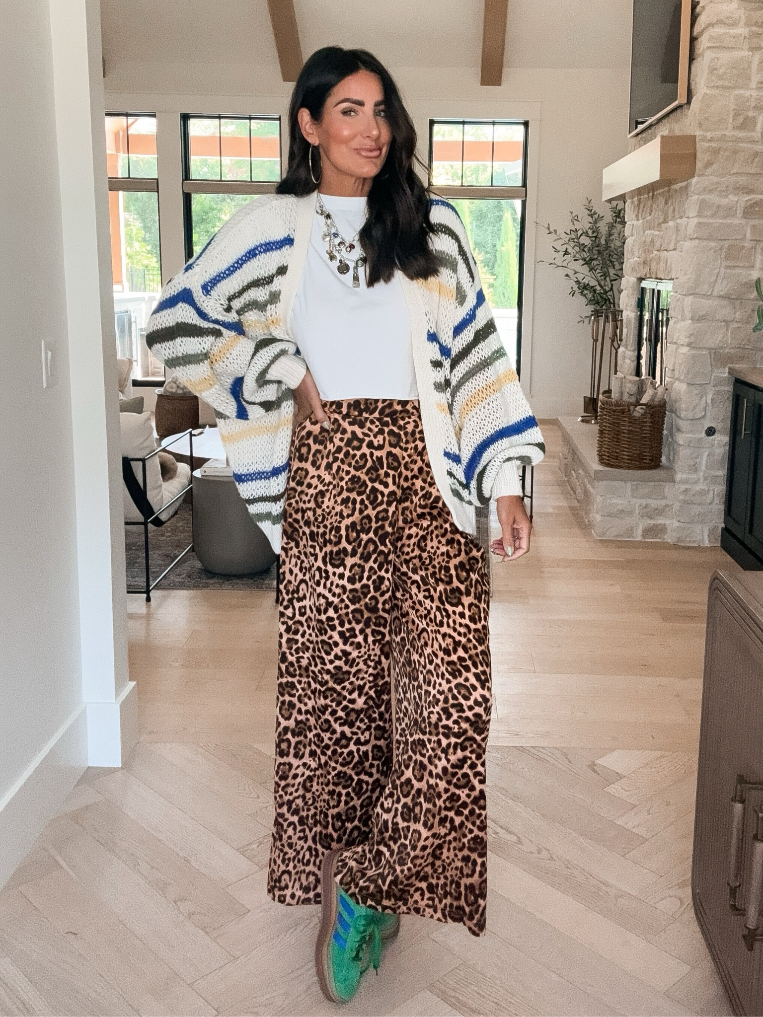 Leopard pants | trendy look | oversized cardigan | adidas | gazelle | colorful outfit | fall outfit 
(Small pants, medium cardigan, size down in gazelle sneakers) 

#LTKStyleTip #LTKFindsUnder50 #LTKFindsUnder100