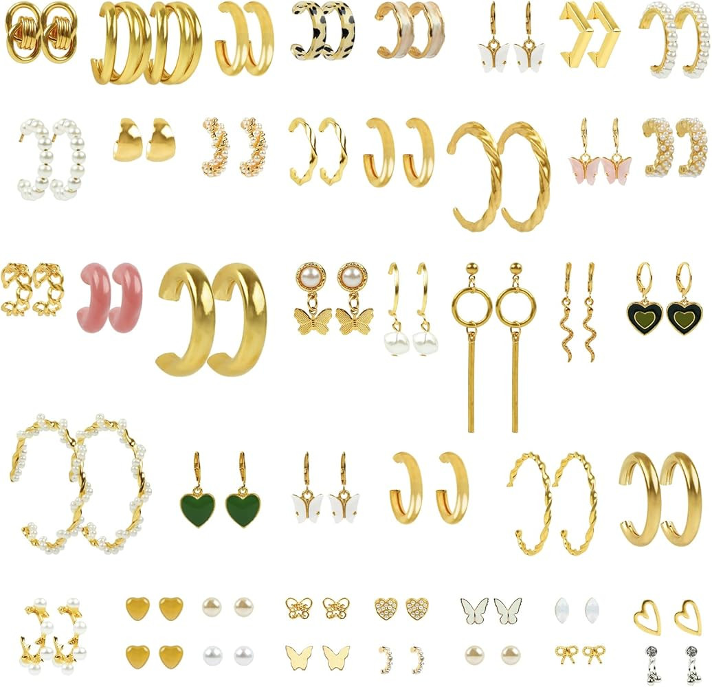 XPCARE 45 Pairs Gold Pearl Earrings Set for Women Girls, Fashion Chain Link Hoop Stud Drop Dangle... | Amazon (US)