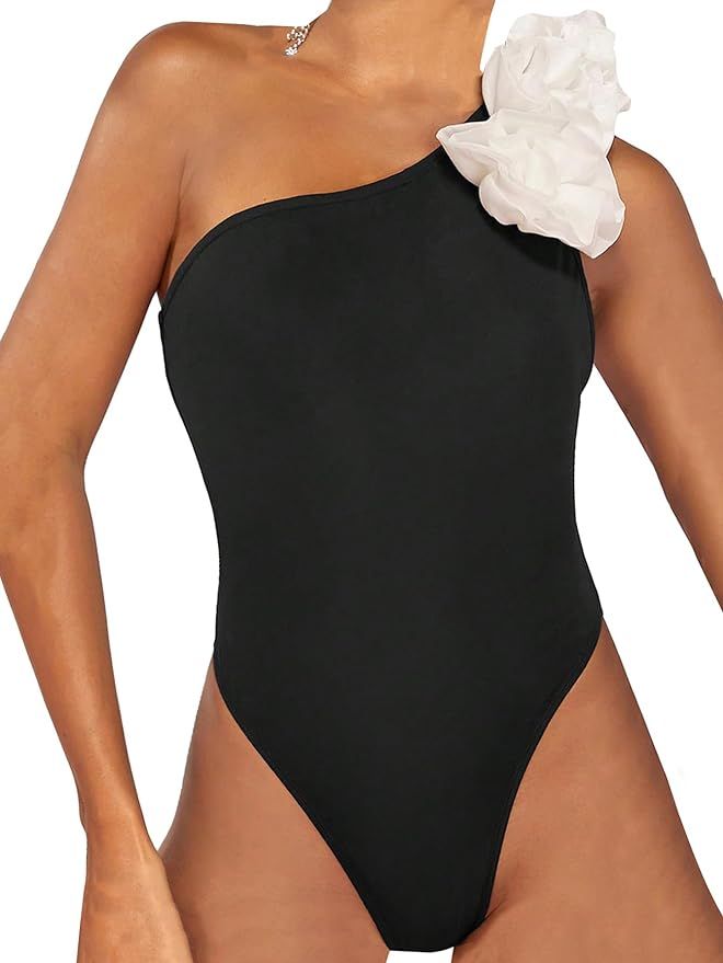 GORGLITTER Women's One Shoulder 3D Flower Bodysuit Sleeveless Tummy Control Leotard Tops | Amazon (US)
