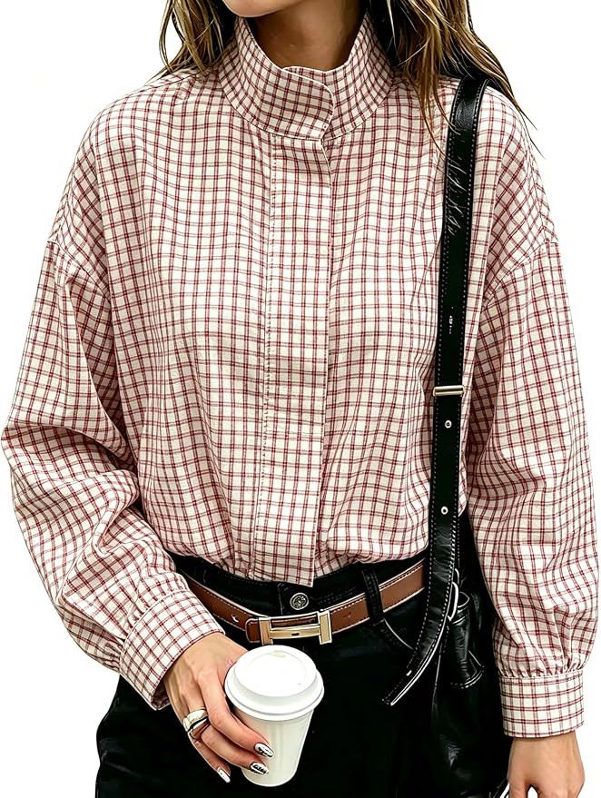 Women Oversized Cropped Gingham Jacket Zip Up Stand Collar with Batwing Sleeves Casual Coat Sprin... | Amazon (US)