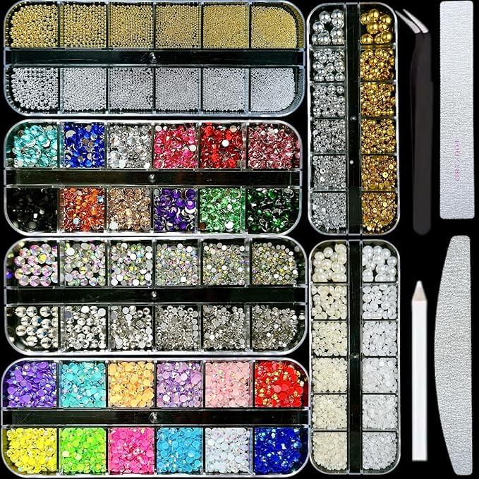 Nail Rhinestones and Charms, 6 Boxes of Flatback Pearls Nail Rhinestone for Bedazzling Kit, 3mm R... | Amazon (US)