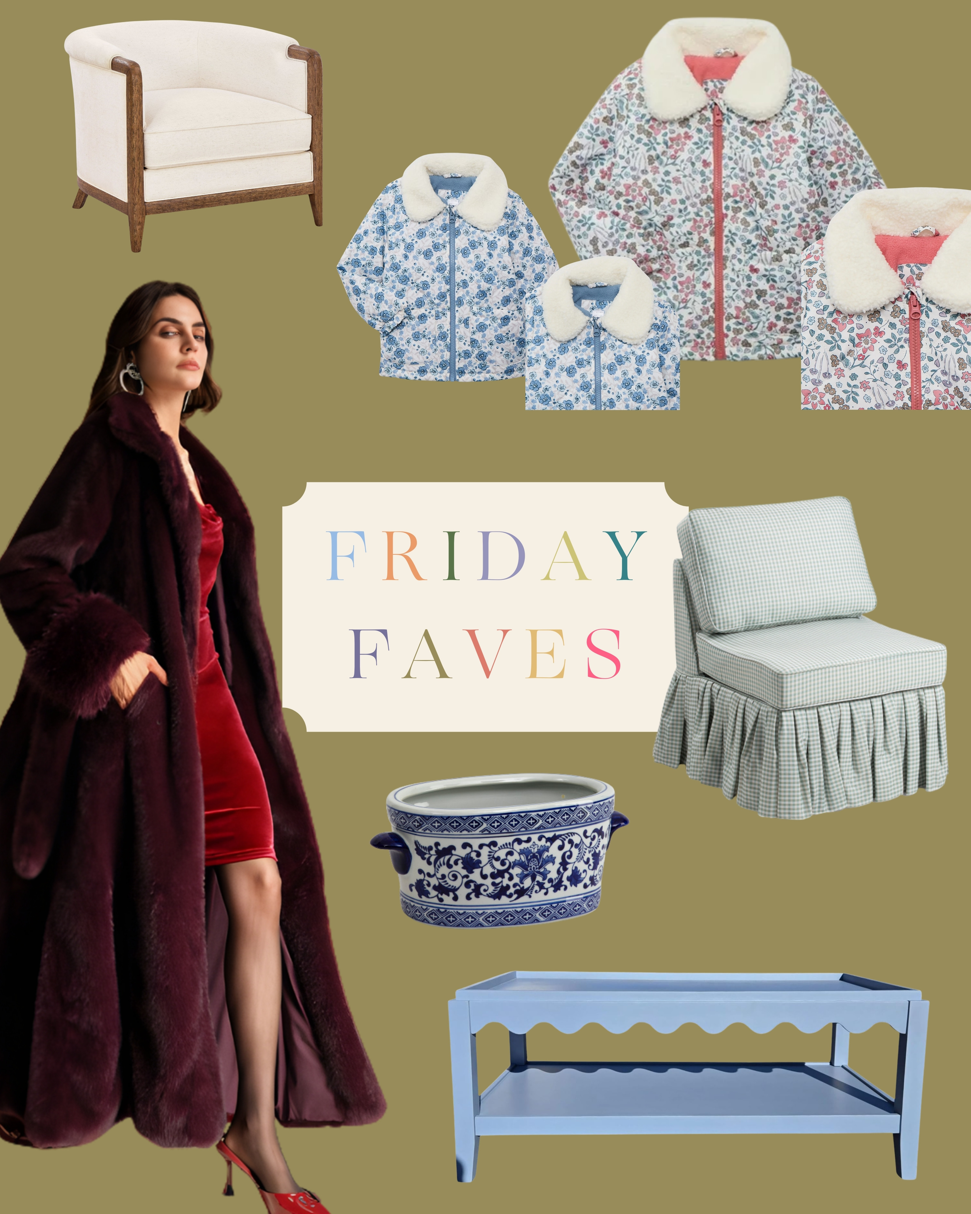 ✨ **FRIDAY FAVES — This Week’s Finds I *Cannot* Get Over** ✨

A cozy jacket for the little ladies on sale for **$10**, designer-looking chairs at budget prices, scalloped details, chic ceramics… this week’s faves are GOOD, y’all. I pulled pieces that feel elevated, giftable, and honestly just *fun* to style around your home (or closet!).

Here’s why I’m loving each one ⬇️

• That toddler quilted jacket — the happiest little coat and on sale for just **$10** (!!)

• The cream accent chair — designer look at such a steal… and those arms 👏

• The blue chinoiserie planter — I’d totally use it as a chic wine bucket

• The scalloped coffee table — THREE amazing colors. Can’t believe it’s Amazon!

• The ruffle-bottom chair — so custom looking and that skirt is perfection

• And the faux fur swing coat — elegant, fun, and such a great winter statement layer


#fridayfaves #budgetdecorfinds #elevatedonabudget #homestylingtips #ltkhome #ltkfinds #giftideas #holidayfaves #dealswelove @walmart @amazon @amazonhome @shein @tjmaxx @marshalls 

 #LTKmomlife #LTKHome #LTKSaleAlert