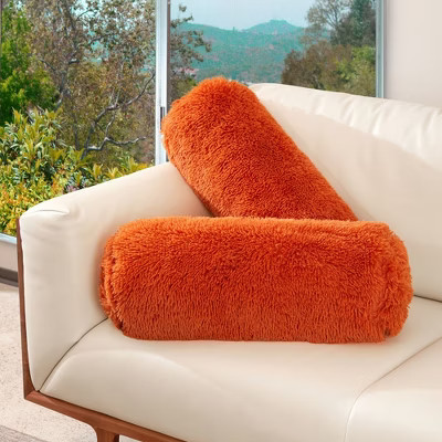 Cheer Collection Set of 2 Shaggy Long Hair Bolster Pillows - Rust (8" x 24") | Target