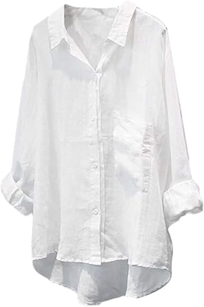 Minibee Women's Long Sleeve Shirts Button Down Blouse Cotton Tunic High Low Tops | Amazon (US)