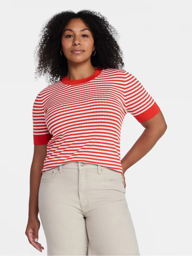 Time and Tru Women's Striped Pointelle Sweater with Short Sleeves, Lightweight, Sizes XS – XXXL | Walmart (US)