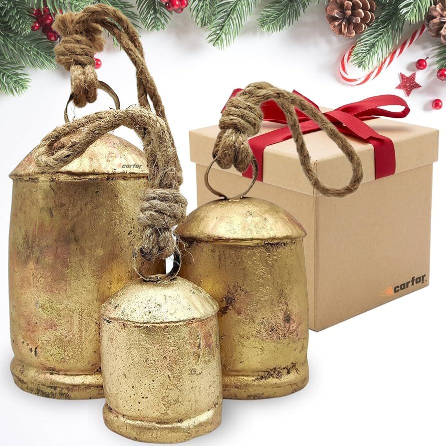 Carfar Set of 3 Rustic Style Large Bells Handmade Vintage Metal Harmony Christmas Hanging Decorat... | Amazon (US)