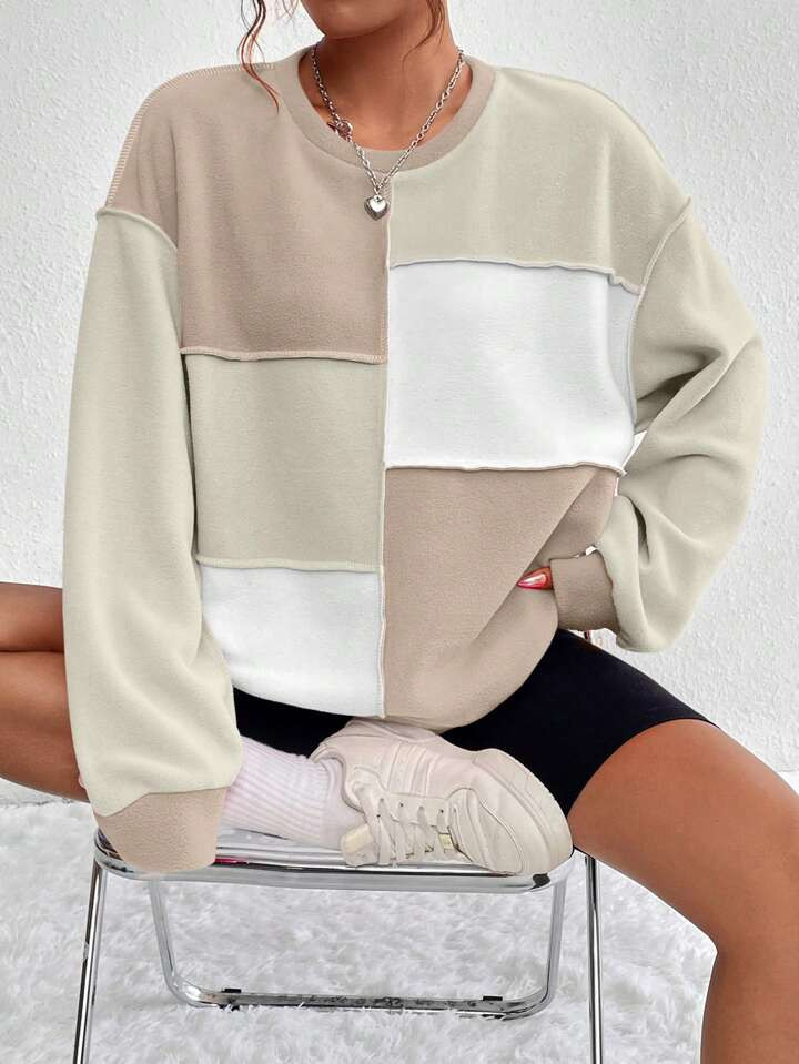 Colorblock Top-stitching Drop Shoulder Sweatshirt | SHEIN