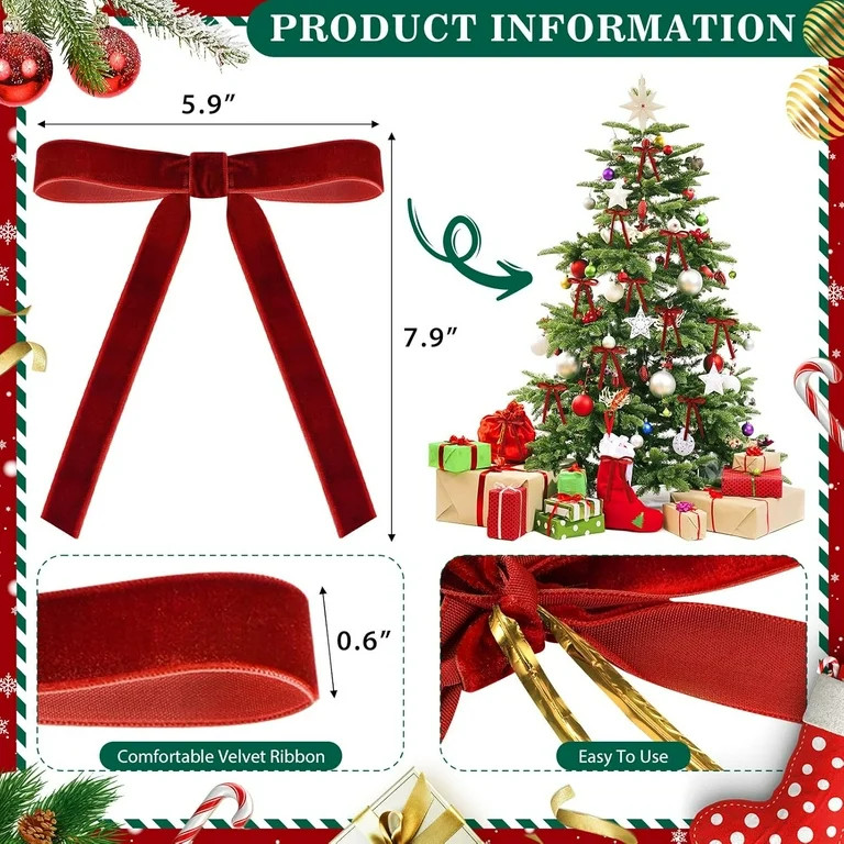 Velvet Christmas Ornaments Bows for Christmas Tree 24 PCS Christmas Xmas Decorations Velvet Ribbo... | Walmart (US)