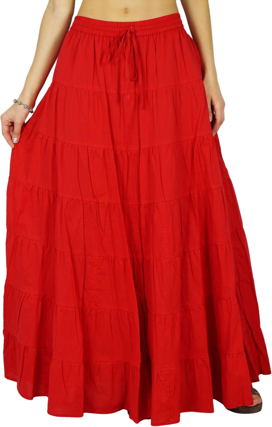 Solid Long Maxi Cotton Beach Wear Skirt for Women Elastic Waist Skirt Summer Wear | Amazon (US)