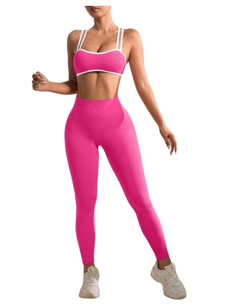 SHENHE Women's Seamless Workout Set Cross Back Sports Bra High Waist Leggings 2 Piece Tracksuit | Amazon (US)