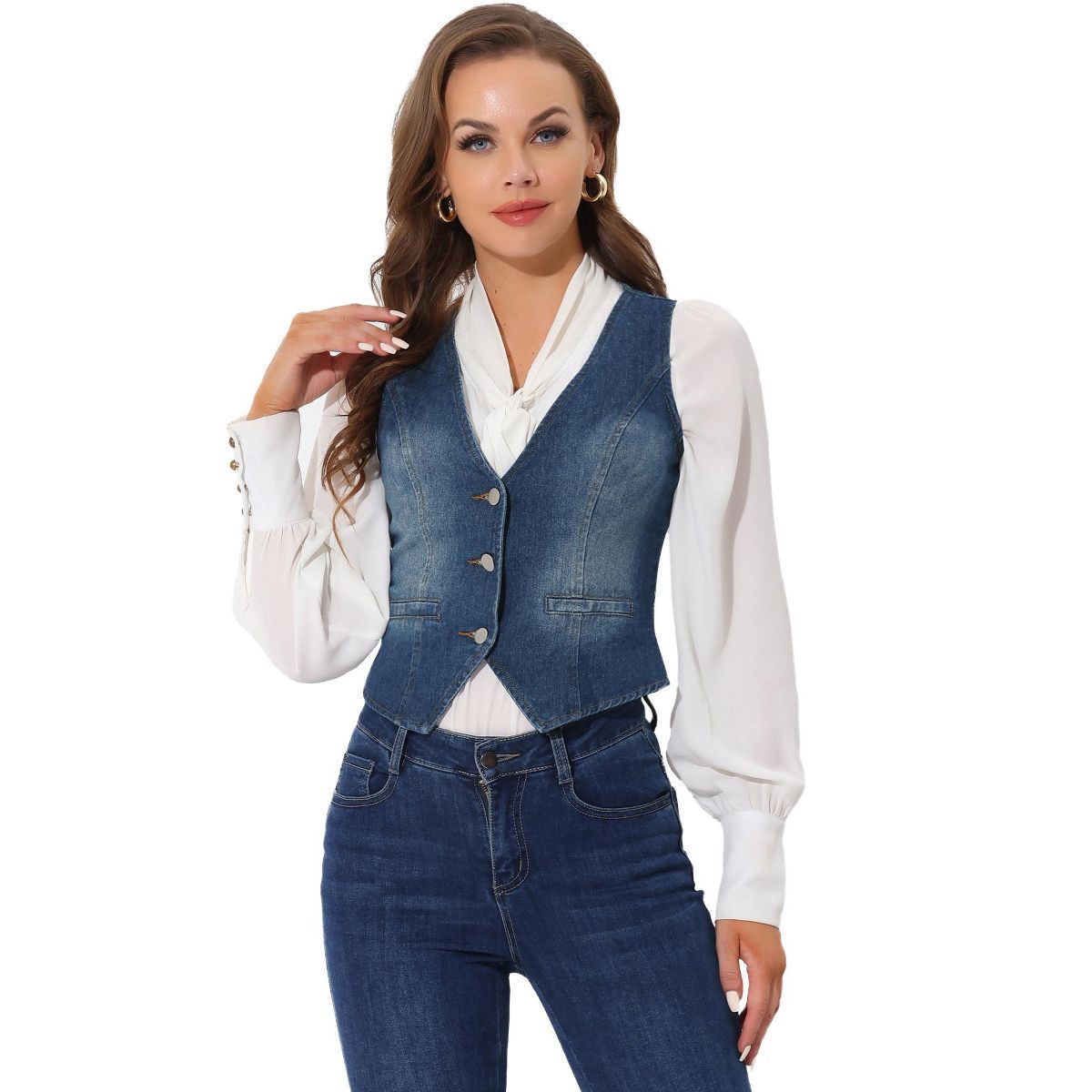 Allegra K Women's Denim Sleeveless Jacket V Neck Button Down Casual Waistcoat Vest | Target