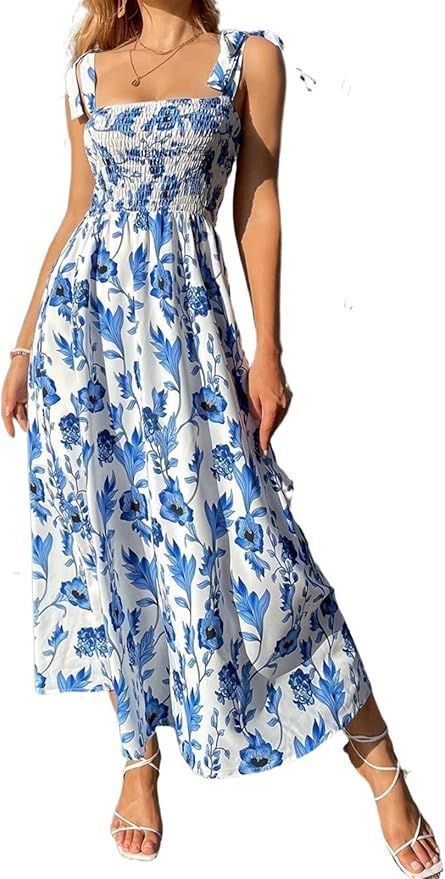 Summer Dresses for Women 2024 Floral Print Knot Straps Shirred Bodice Cami Long Dress | Amazon (US)