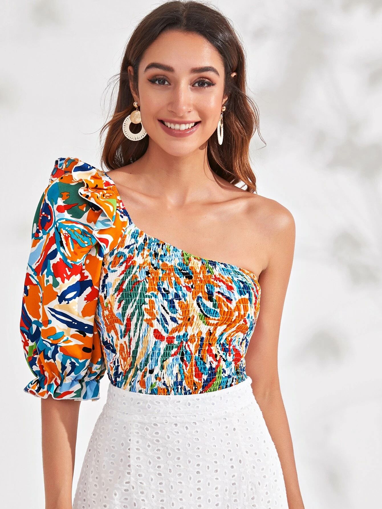 Allover Print Shirred Ruffle One Shoulder Top | SHEIN