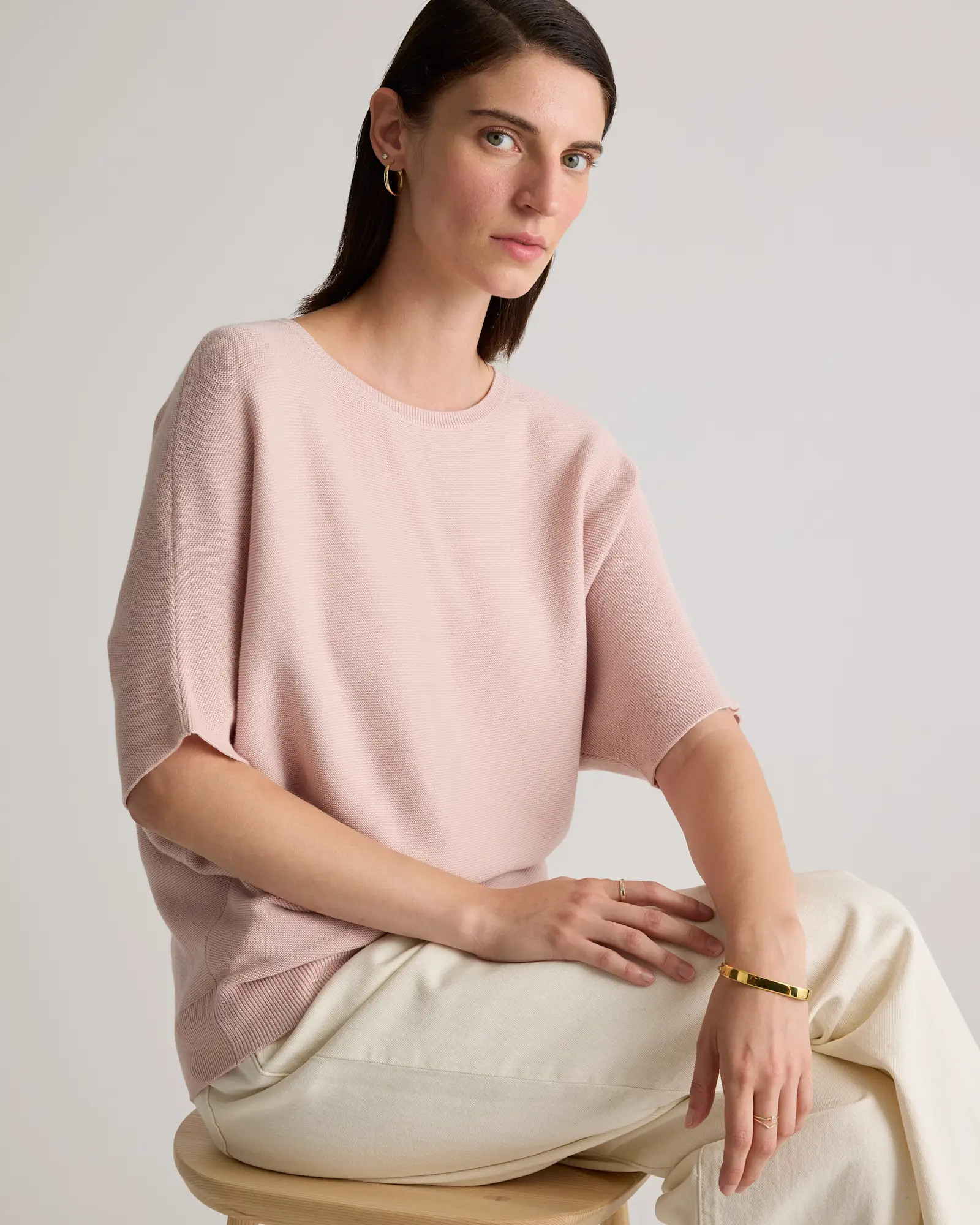 Lightweight Cotton Cashmere Link-Stitch Dolman Sweater  in Sugar Stone | Quince