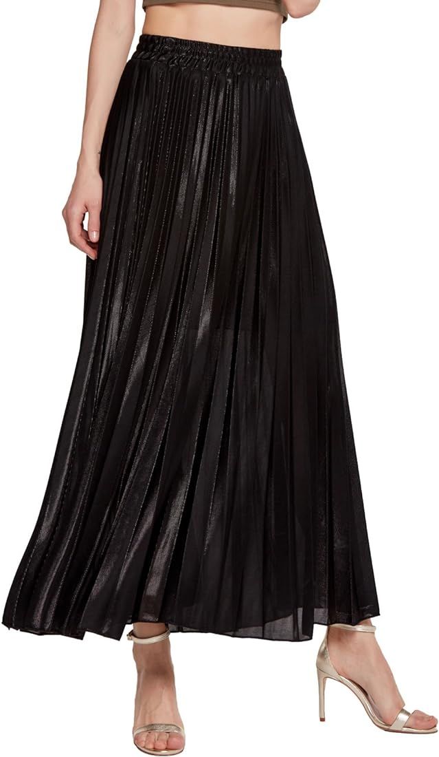 Women's Premium Metallic Shiny Shimmer Accordion Pleated Long Maxi Skirt | Amazon (CA)