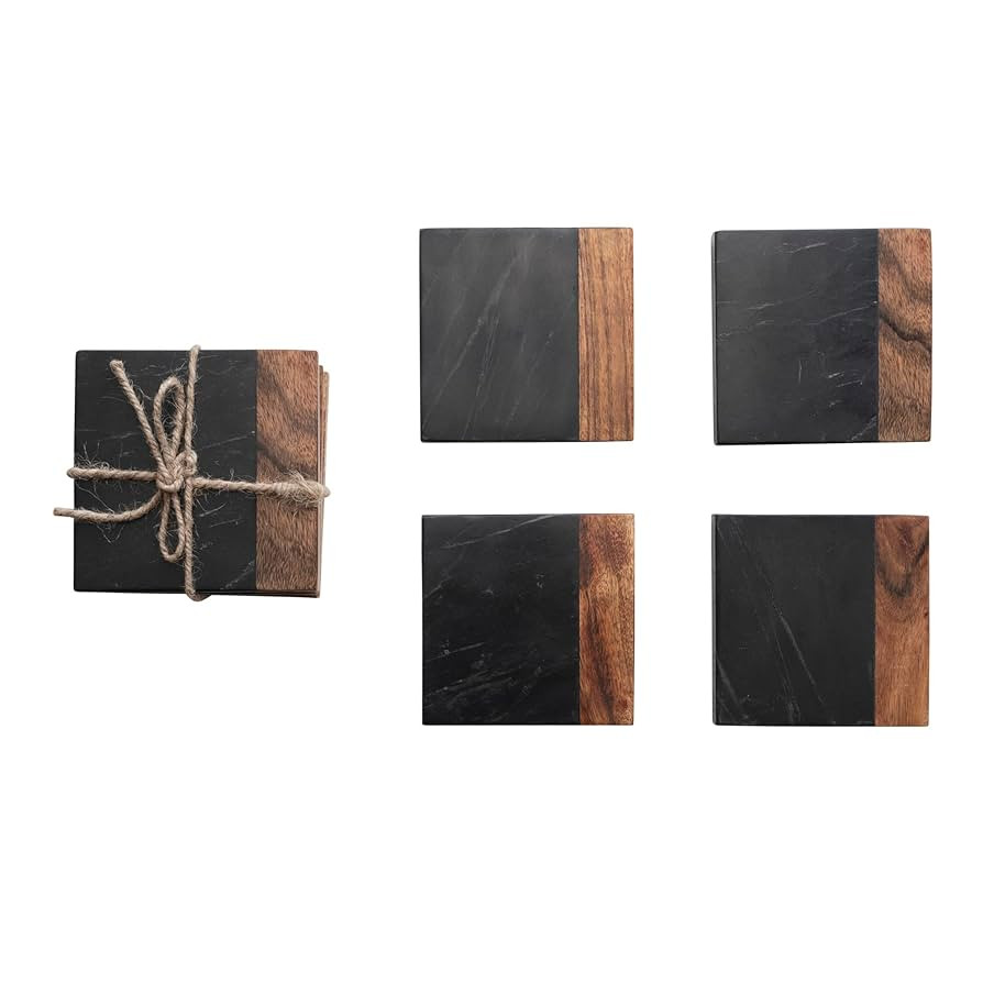 Creative Co-Op Marble and Acacia Wood 2-Tone Coasters, Black and Natural, Set of 4 | Amazon (US)
