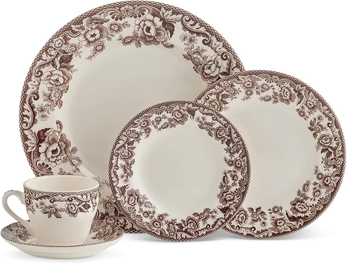 Spode Delamere 5-Piece Place Setting – Rich Brown British Flowers Border, Includes Dinner, Sala... | Amazon (US)